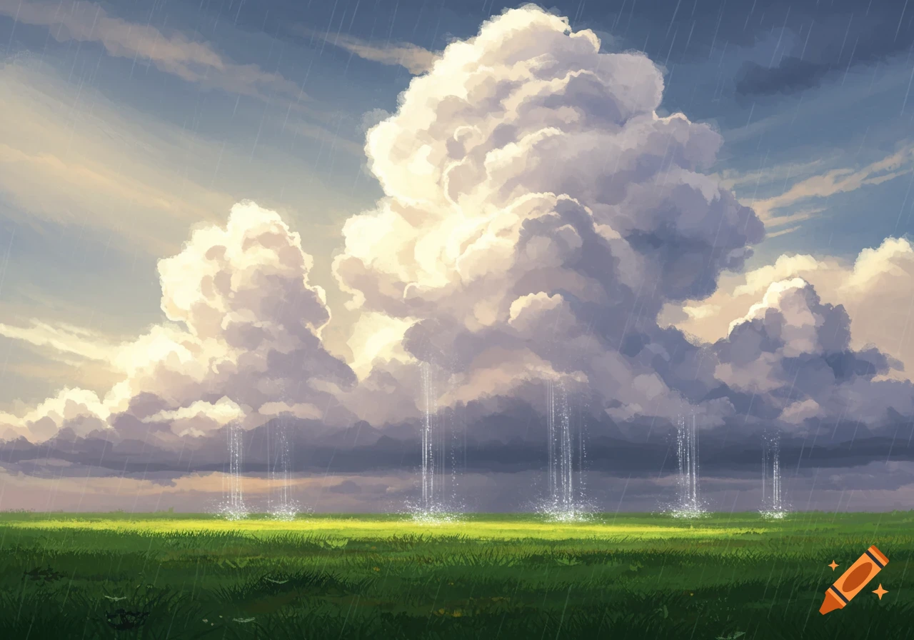 Painterly illustration of a green field under a dramatic cloudy sky with multiple columns of rain falling and splashing.