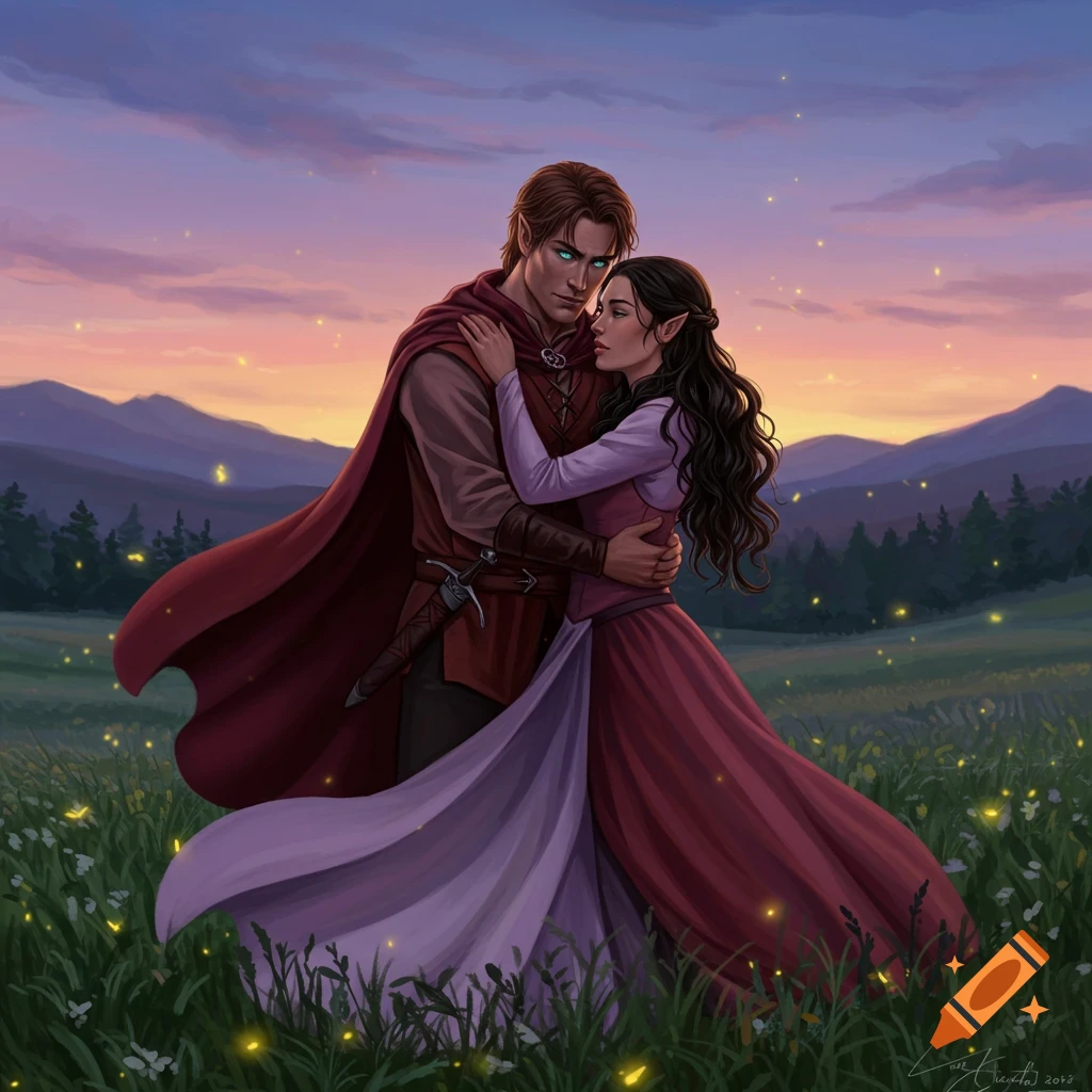A fantasy man and woman embrace in a field at sunset with mountains and fireflies in a painterly digital art style.