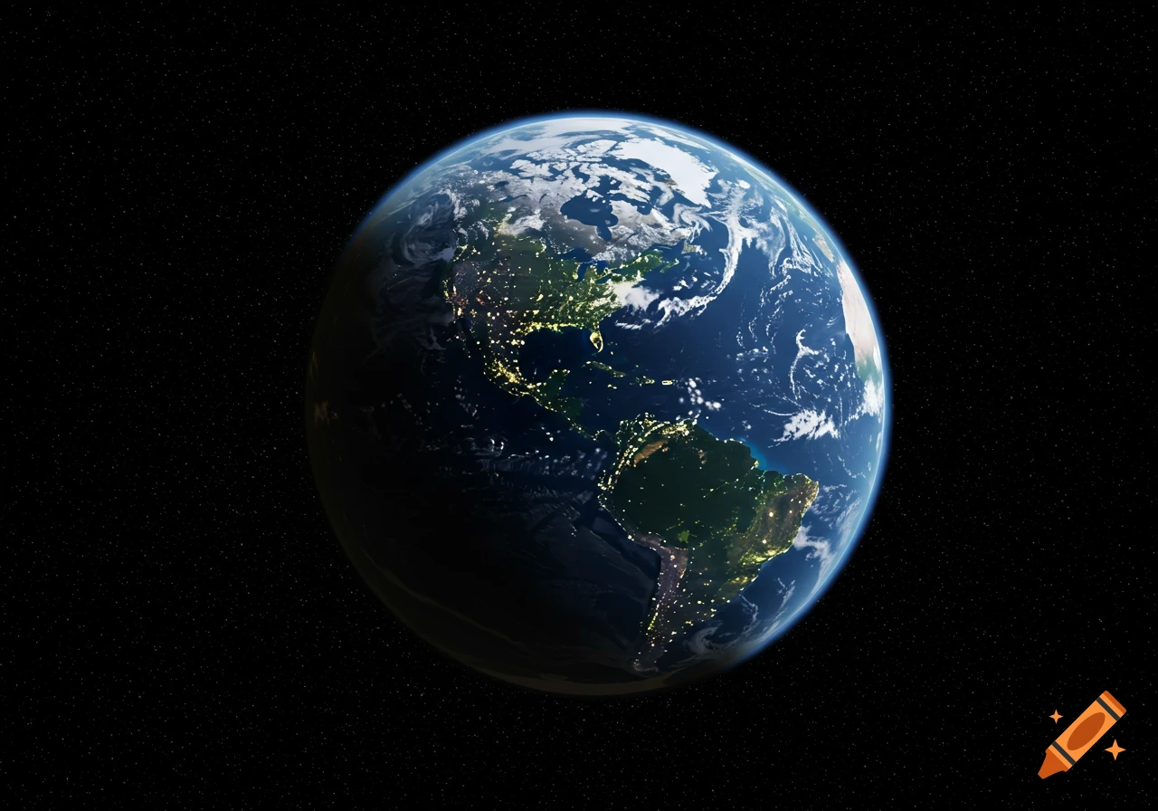 Photorealistic planet Earth from space, showing continents, clouds, and city lights at night.