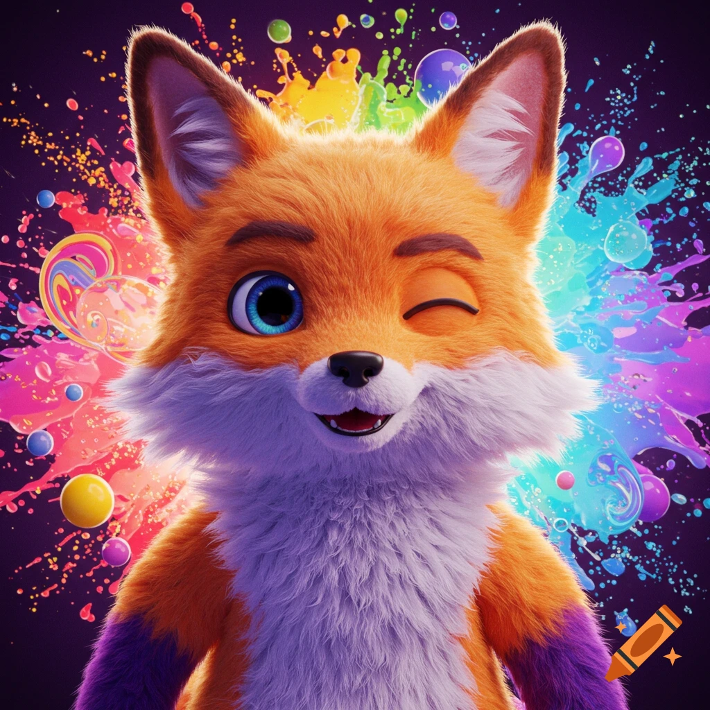 A vibrant, stylized 3D rendered fox character winks, set against a chaotic rainbow paint explosion background.