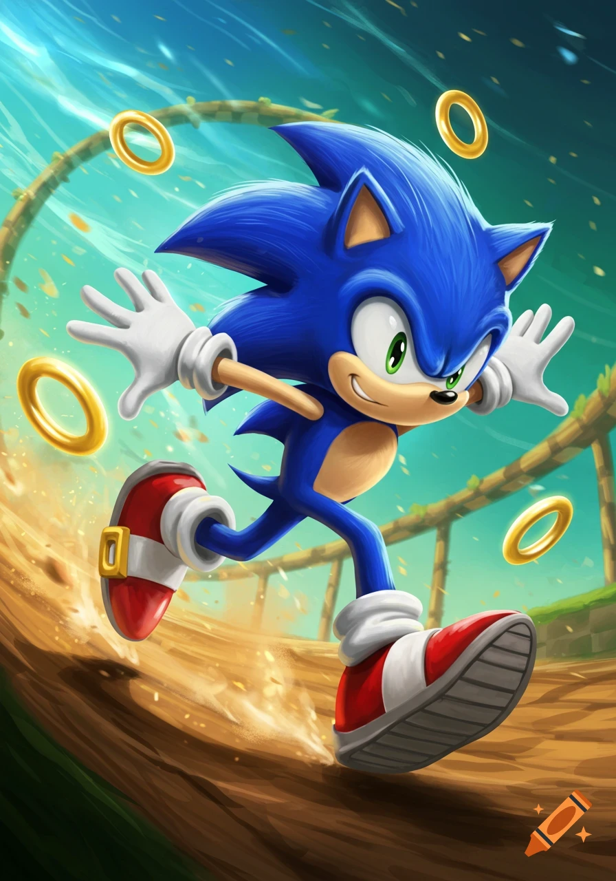 Sonic the Hedgehog, a blue cartoon character, runs on a dirt track with golden rings floating around him, in a vibrant illustration.