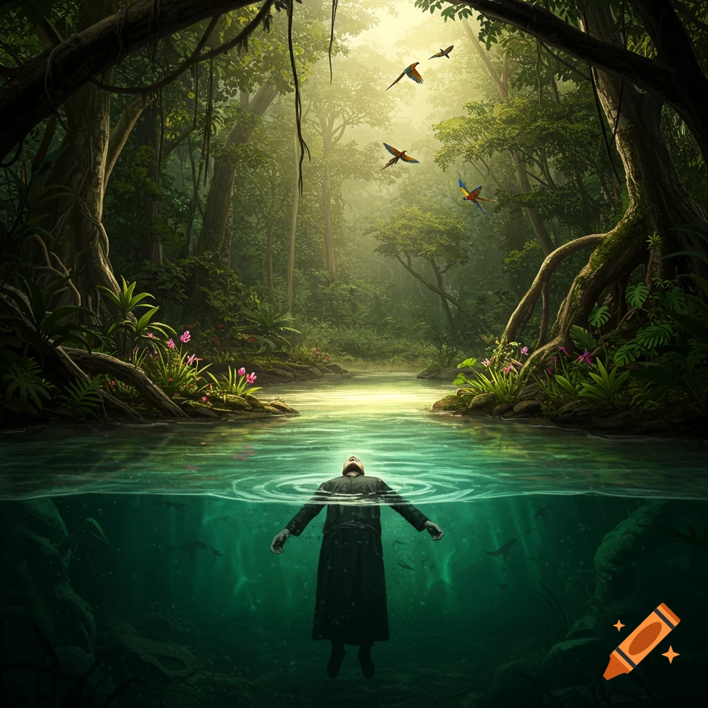 A person in a dark robe floats face up in a lush, green jungle river with colorful parrots flying above.