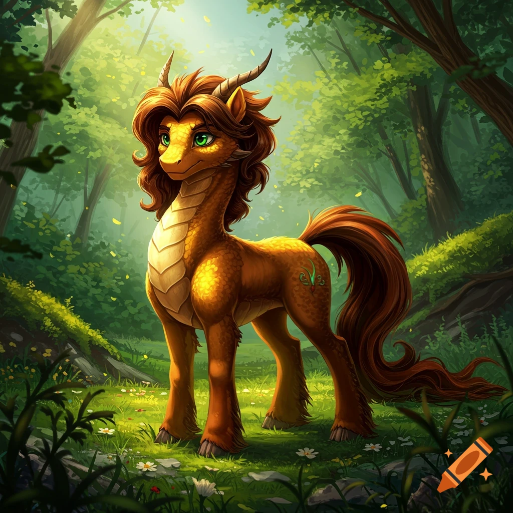 A fantastical dragon pony hybrid with a yellow body, brown mane and tail, and green eyes stands in a lush, sunlit forest.