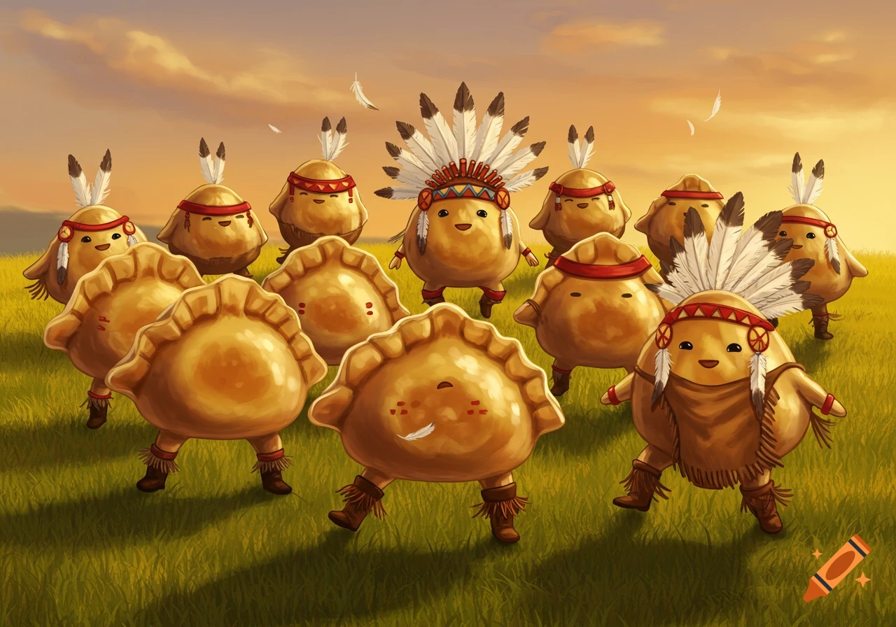 Cartoon illustration of ten anthropomorphic gyozas wearing Native American headdresses and fringed outfits in a grassy field at sunset.