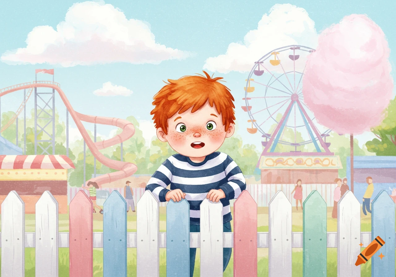 A watercolor illustration of a red-haired boy in a striped shirt peering over a colorful fence at an amusement park.