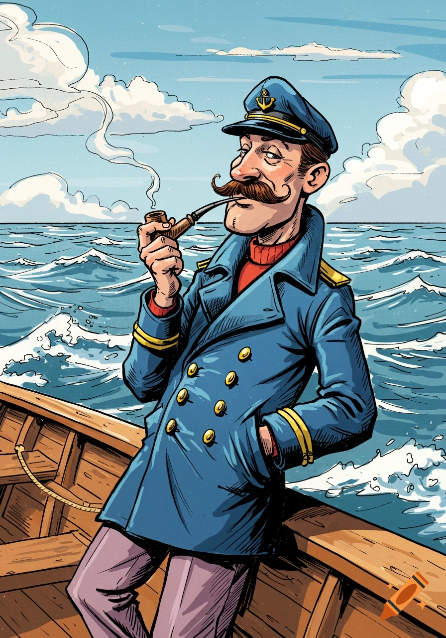 A cartoon captain with a large mustache and blue uniform smokes a pipe while leaning on a wooden boat at sea.