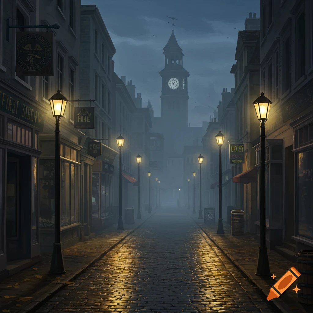 A gloomy, foggy cobblestone street with gas lamps and old buildings, leading to a distant clock tower at night.