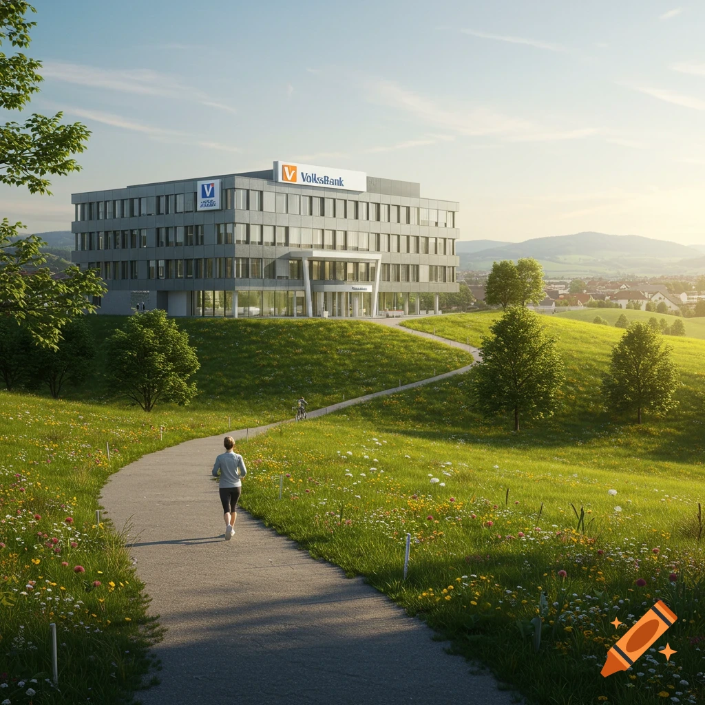 A modern Volksbank building sits on a lush green hill in the countryside. A person jogs on a winding path.