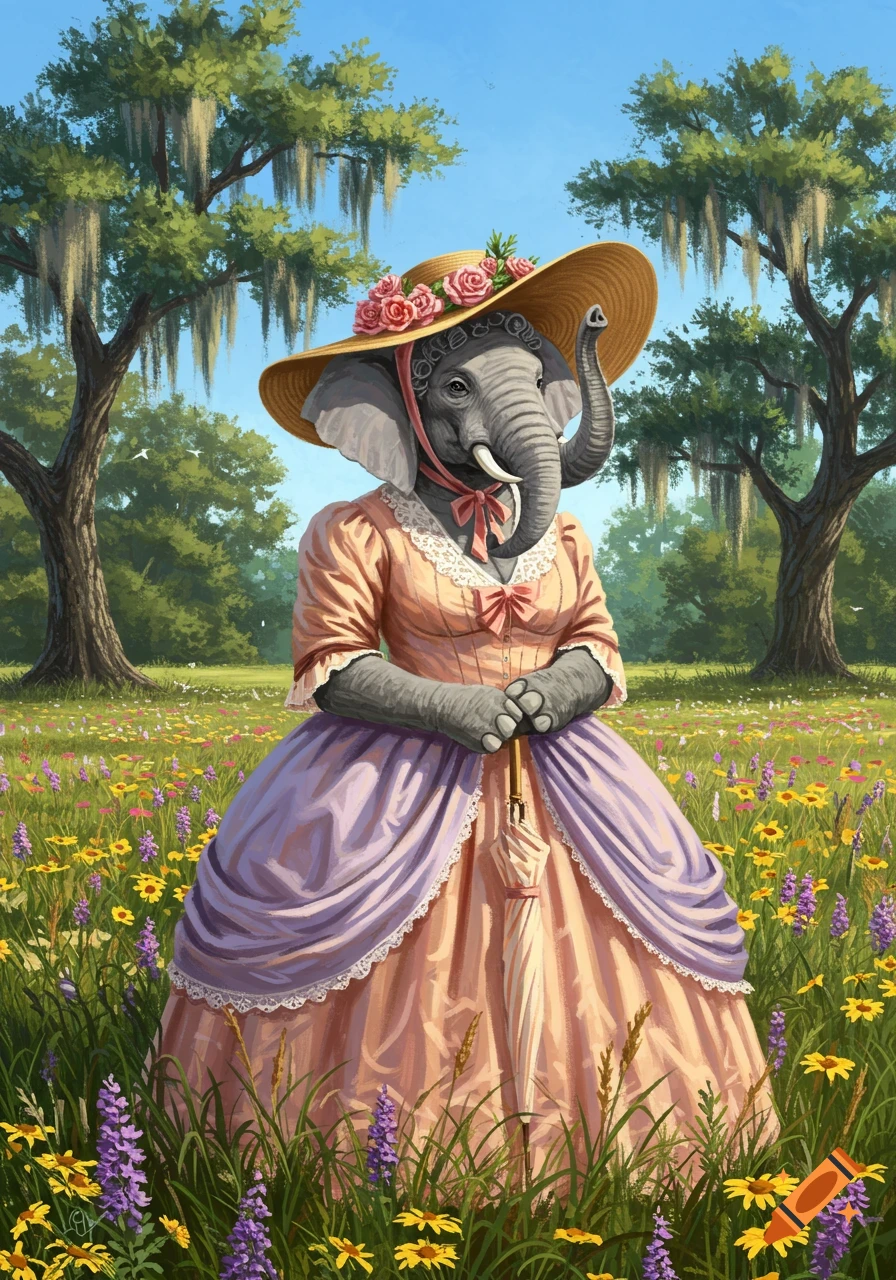 An anthropomorphic elephant in a large hat with roses and a peach and lavender Victorian dress stands in a field of wildflowers.
