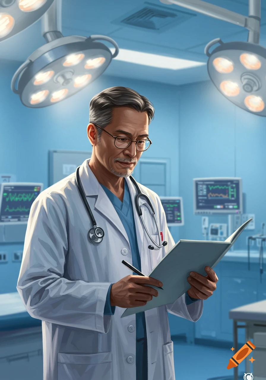An older East Asian doctor in a white lab coat and stethoscope reviews notes in a surgical room under bright overhead lights.