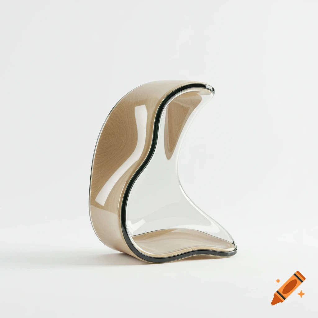 A modern, organically shaped headphone stand made of polished wood and clear material on a white background.