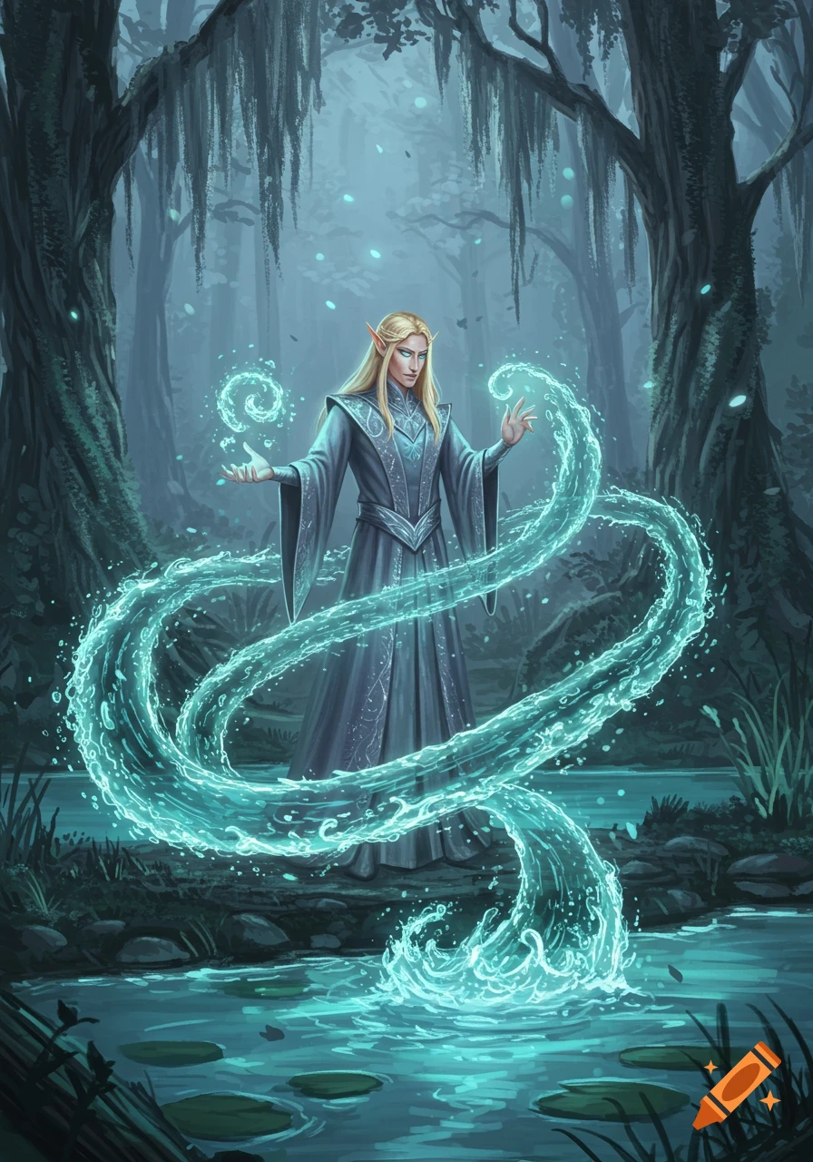A blonde elf wizard in a grey robe casts glowing blue water magic in a misty, dark forest.