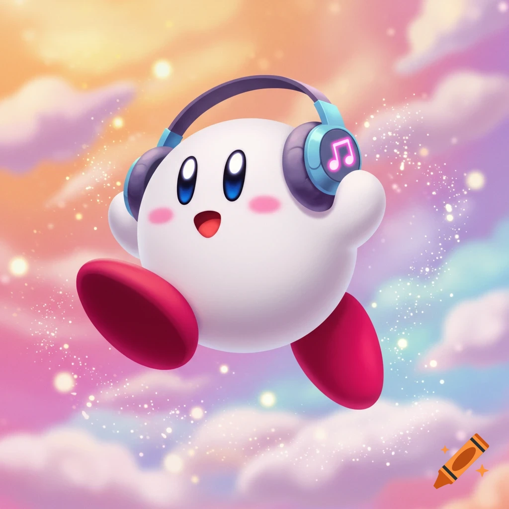 A cheerful white Kirby character wearing blue headphones with a musical note, floating happily in a pastel, cloudy sky with sparkles.