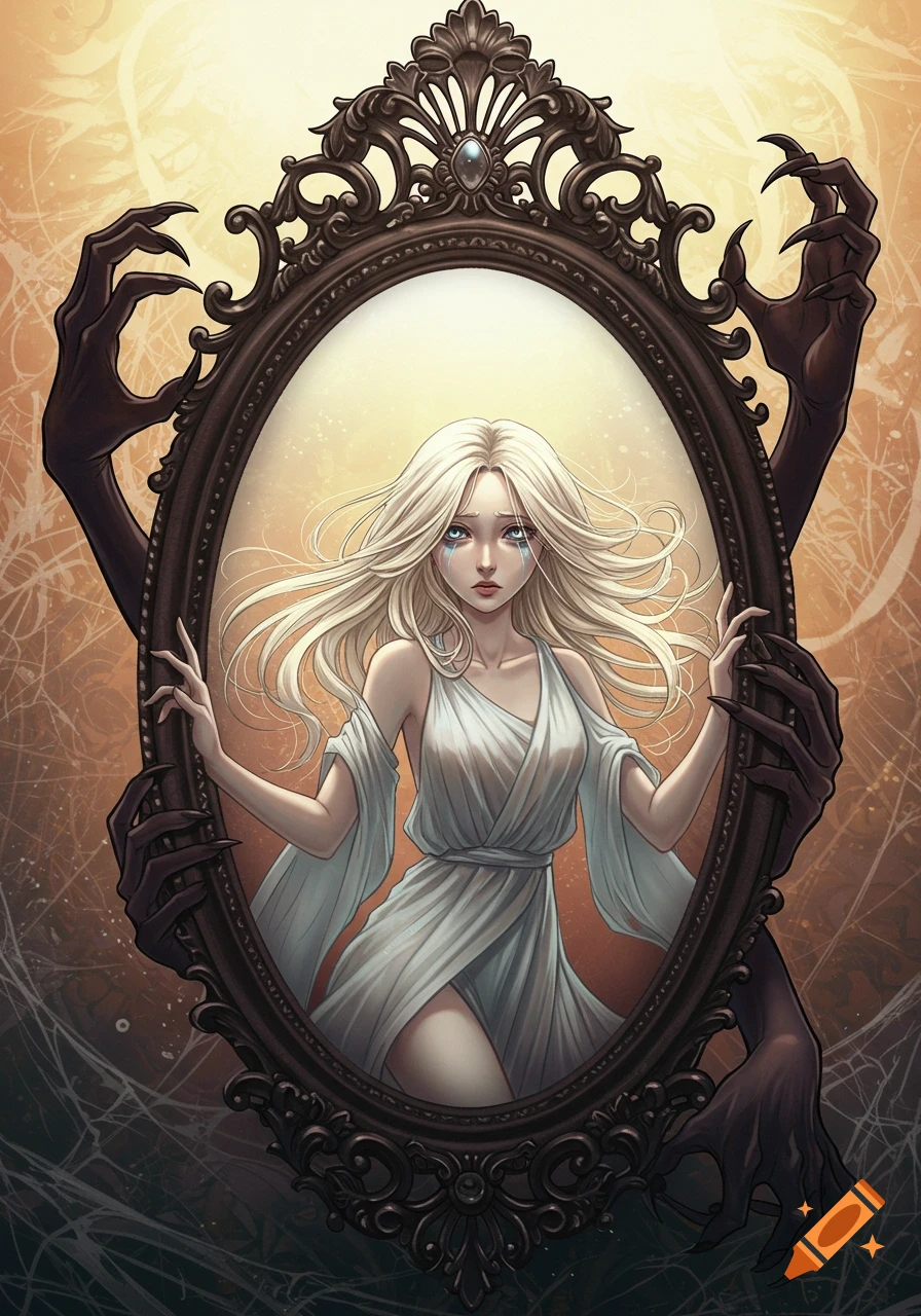 A blonde woman in a pale blue dress is trapped in an ornate mirror, with dark, clawed hands reaching from the sides. Ethereal anime style.