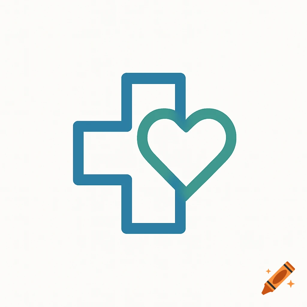Minimalist logo of a blue cross intertwined with a green heart, on a white background.