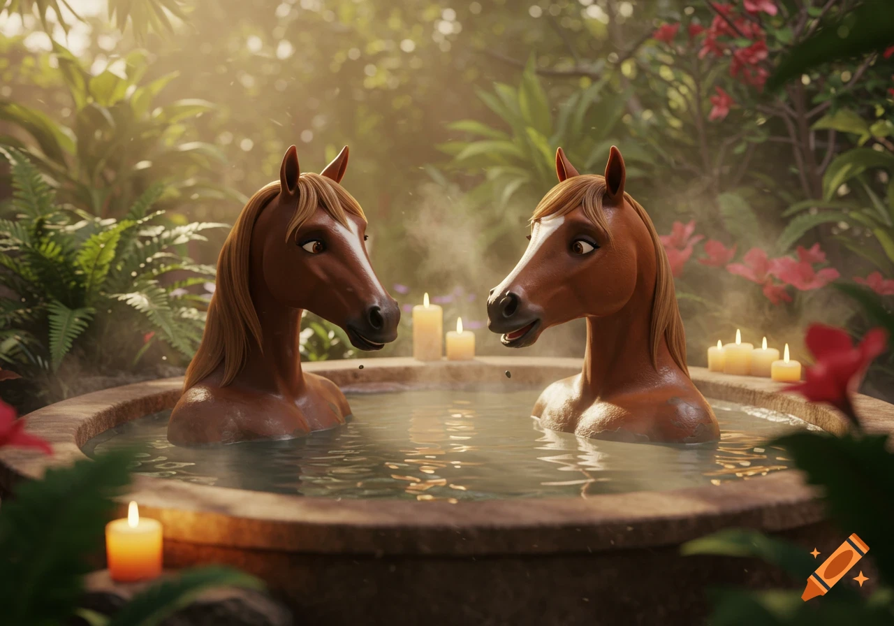 Two anthropomorphic female horses relax in a steaming hot tub surrounded by lush greenery and candles in a 3D animation style.