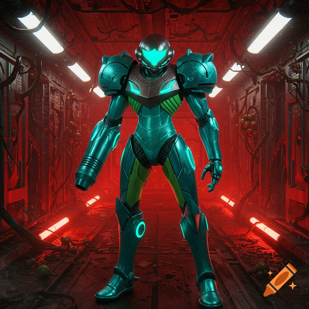 A teal and green robotic figure, resembling Samus Aran's Fusion suit, stands in a red-lit, futuristic corridor with organic growths.