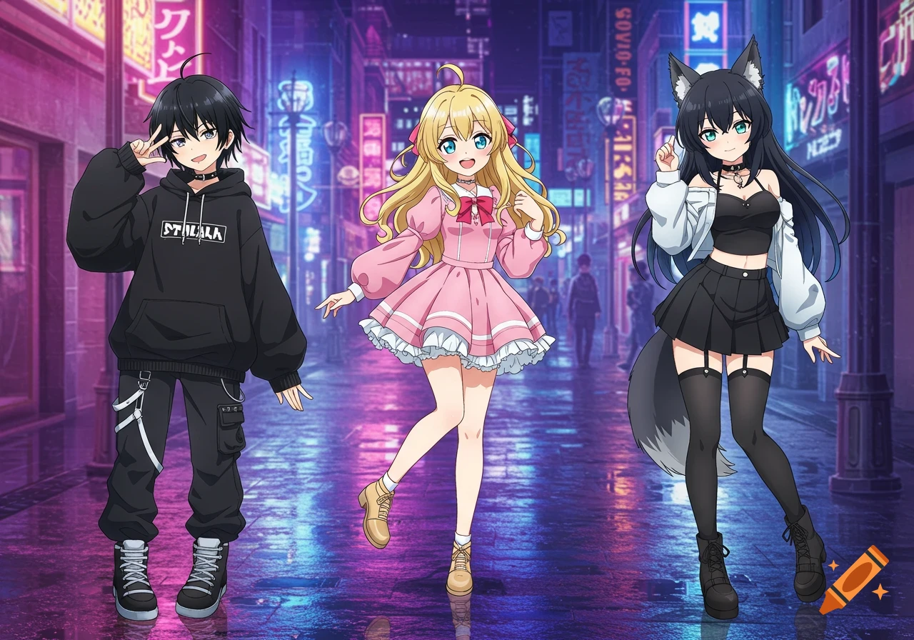 Three anime characters, a boy in a black hoodie, a girl in a pink dress, and a wolf-eared girl in a crop top and skirt, stand on a neon-lit city street.