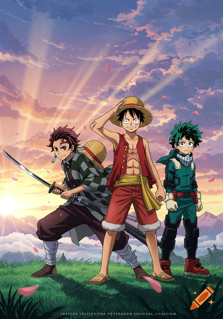 Tanjiro, Luffy, and Izuku Midoriya stand on a grassy hill under a vibrant sunset sky. Tanjiro holds a sword, Luffy salutes, and Izuku stands ready.
