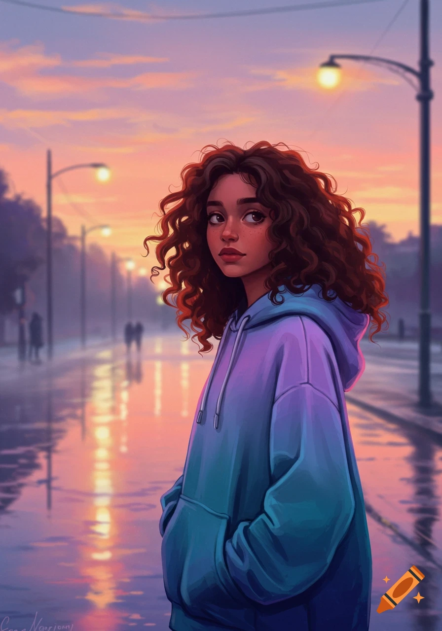 A digital art portrait of a curly-haired woman in a blue-purple hoodie standing on a wet street at sunset.