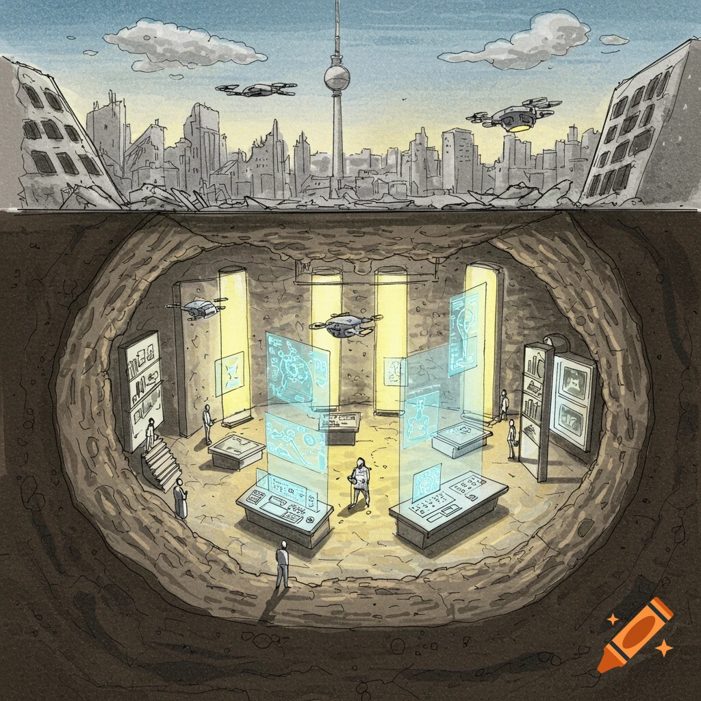 Cross-section illustration of a destroyed Berlin city above a glowing futuristic underground archive with holograms and drones.