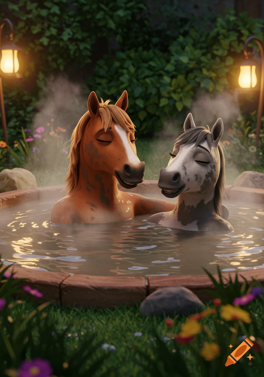 Two happy anthropomorphic horses relax in a steaming mud hot tub in a 3D animation style.
