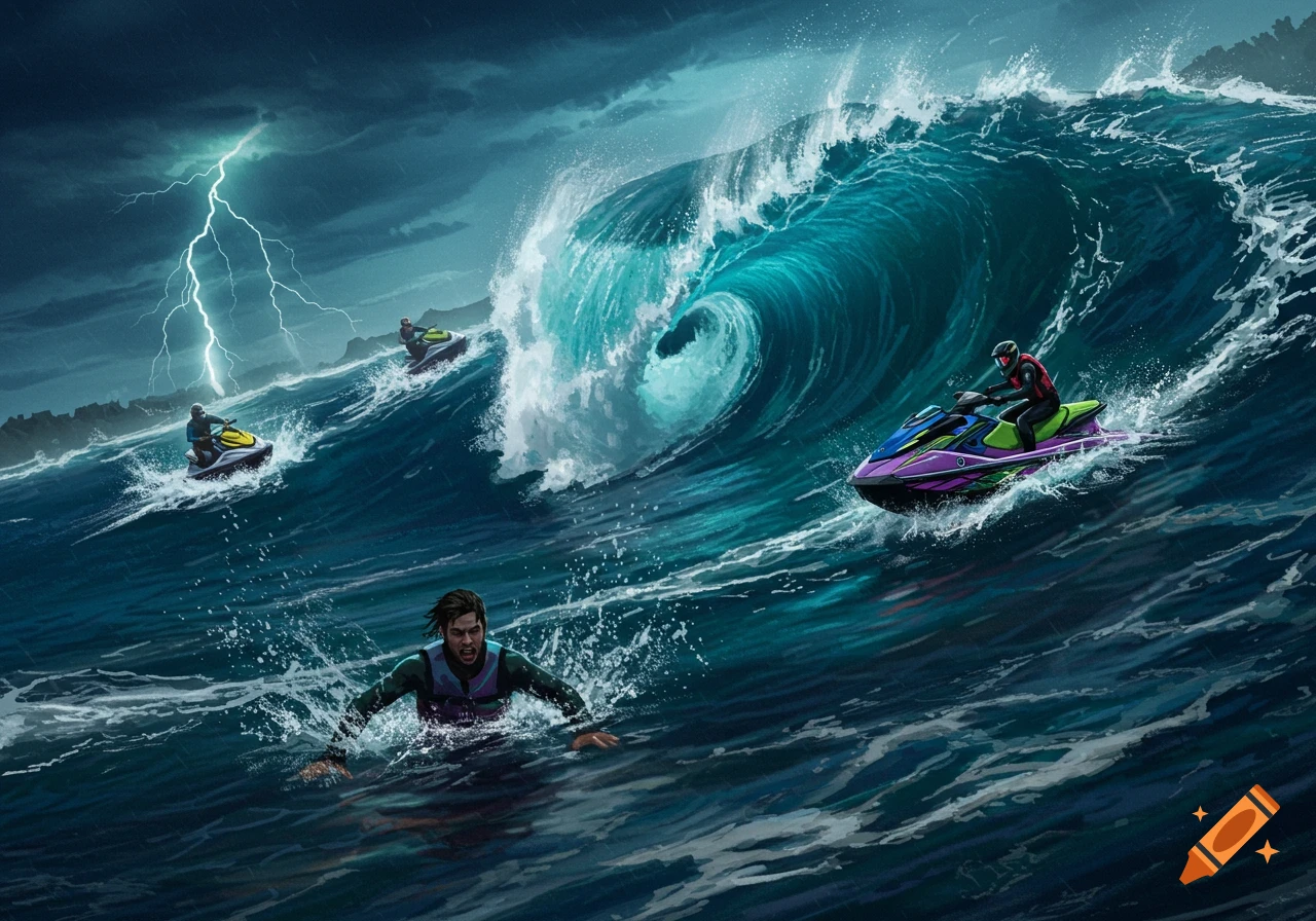 Digital painting of jet skiers battling giant waves in a stormy ocean with lightning, one person has fallen into the water.