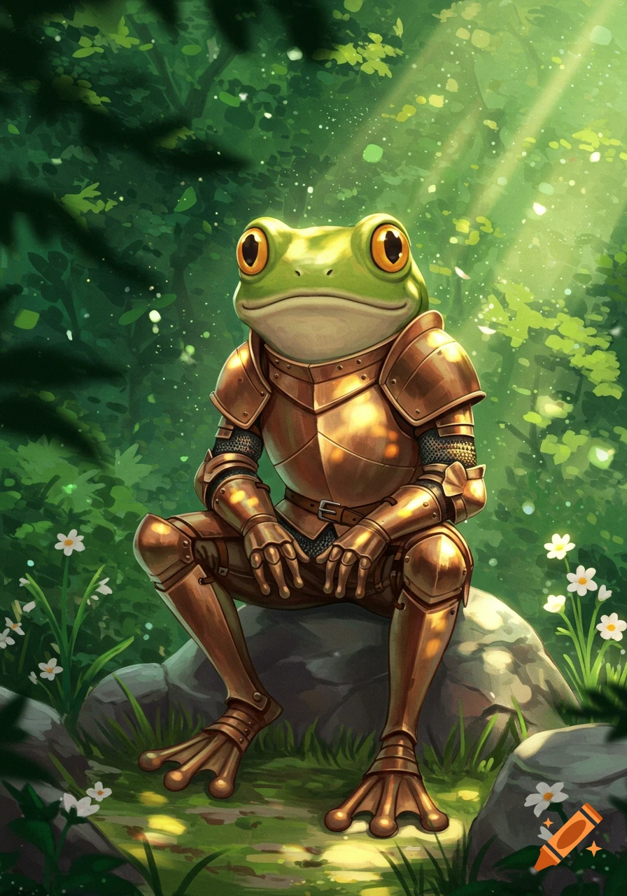 A cute green frog in golden medieval armor sits on a rock in a sun-dappled green forest, in an illustrative style.