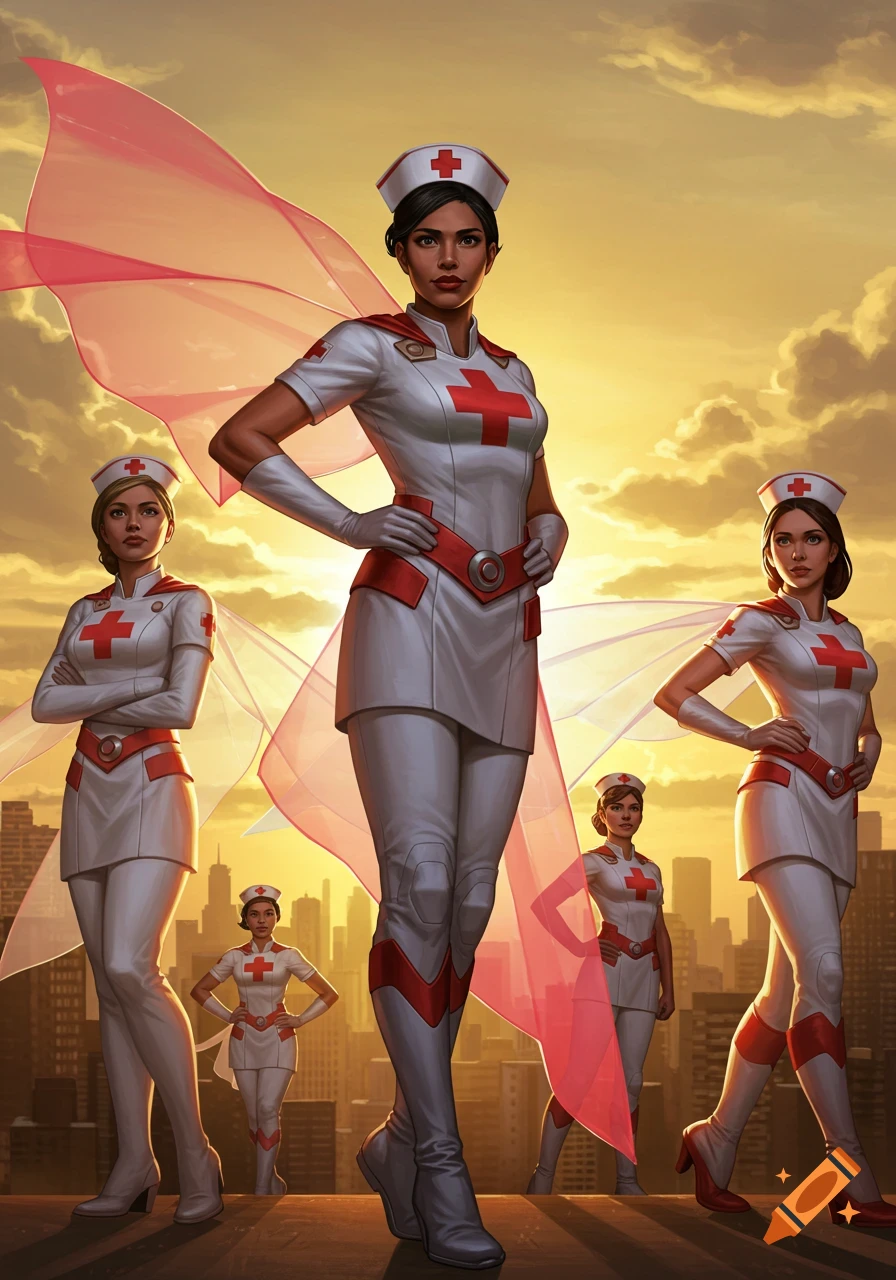 Five superhero nurses with red crosses and translucent wings stand confidently on a rooftop at sunset, in a digital art style.