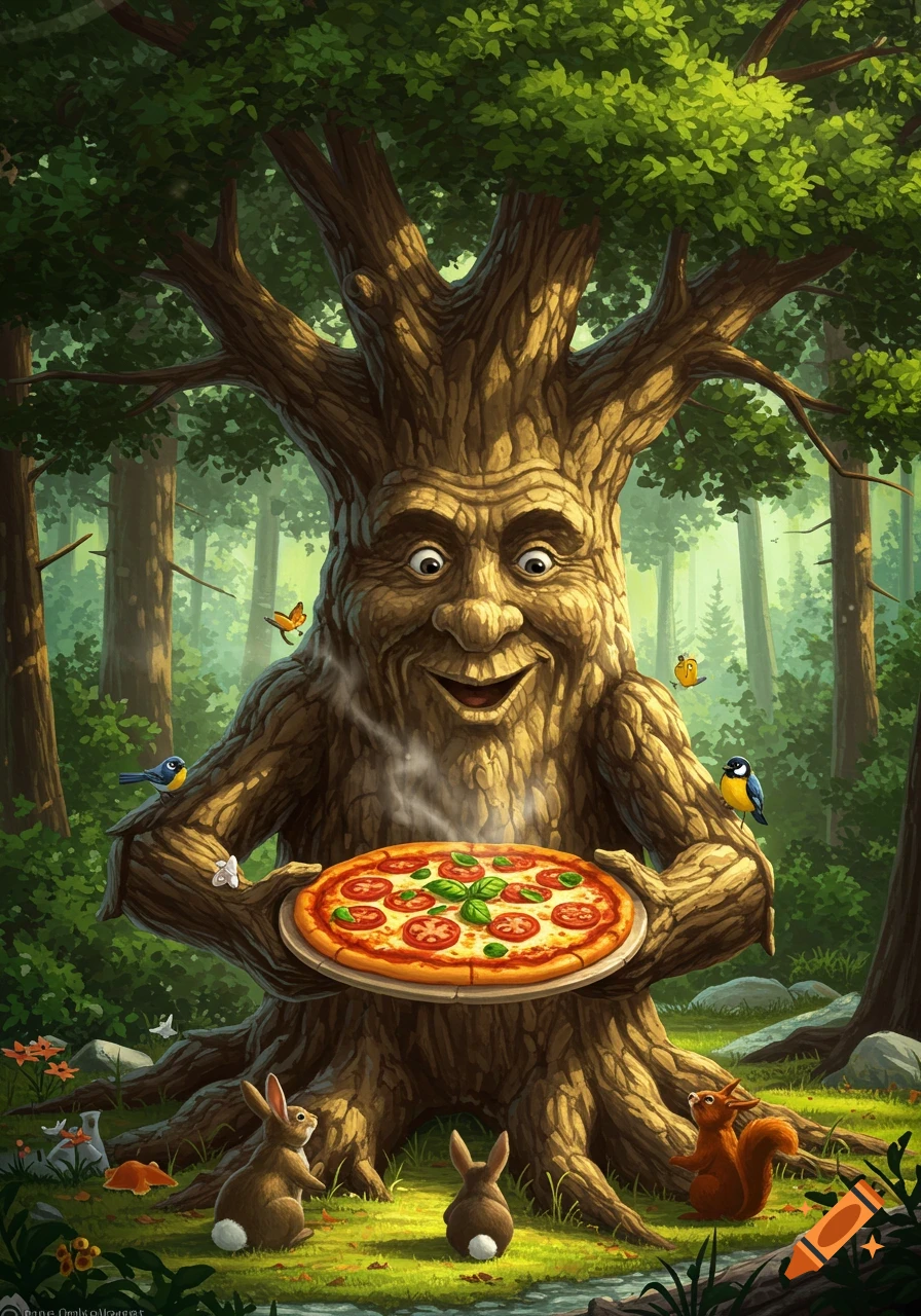 A whimsical, smiling tree with a face holds a steaming pizza in a lush fantasy forest with small animals, illustration.
