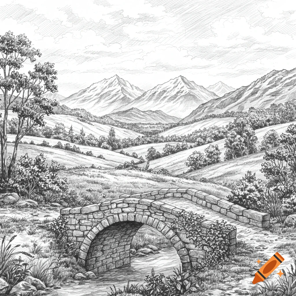 A detailed black and white pencil drawing of a stone bridge over a stream in a valley with rolling hills and distant mountains.