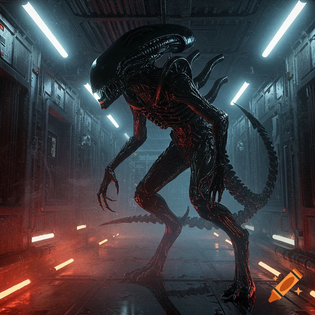 A photorealistic black Xenomorph alien stands in a dark, metallic sci-fi corridor lit by red and blue neon lights.