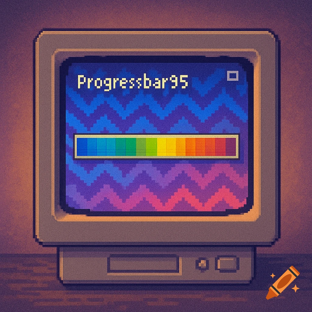 A retro pixel art computer monitor displays a colorful progress bar and 'Progressbar95' text on a zig-zag patterned blue and purple background.