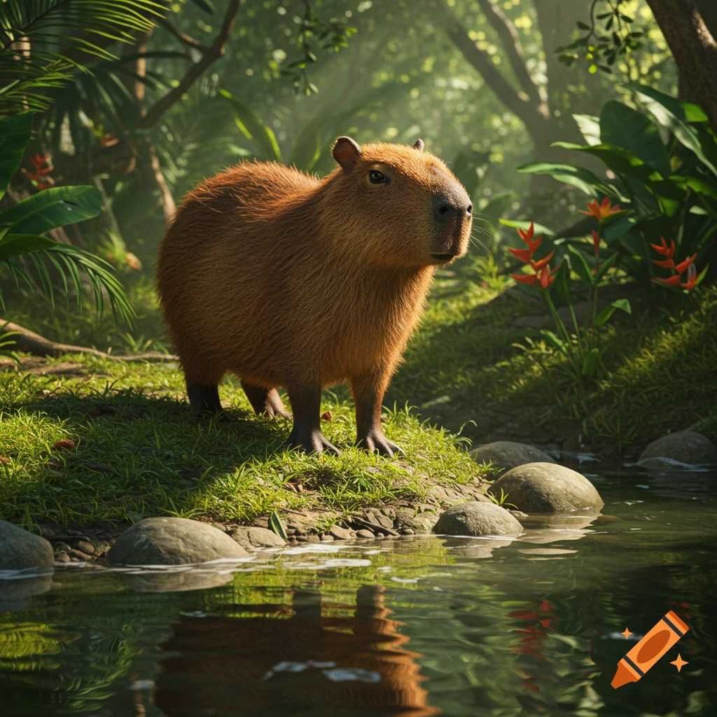 A photorealistic capybara stands on a grassy bank by a river in a lush, sunny jungle setting.