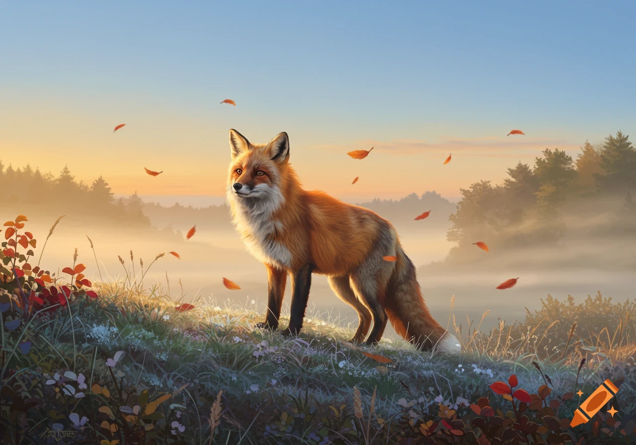 A vibrant red fox stands on a grassy, misty hillside with falling autumn leaves at sunrise.