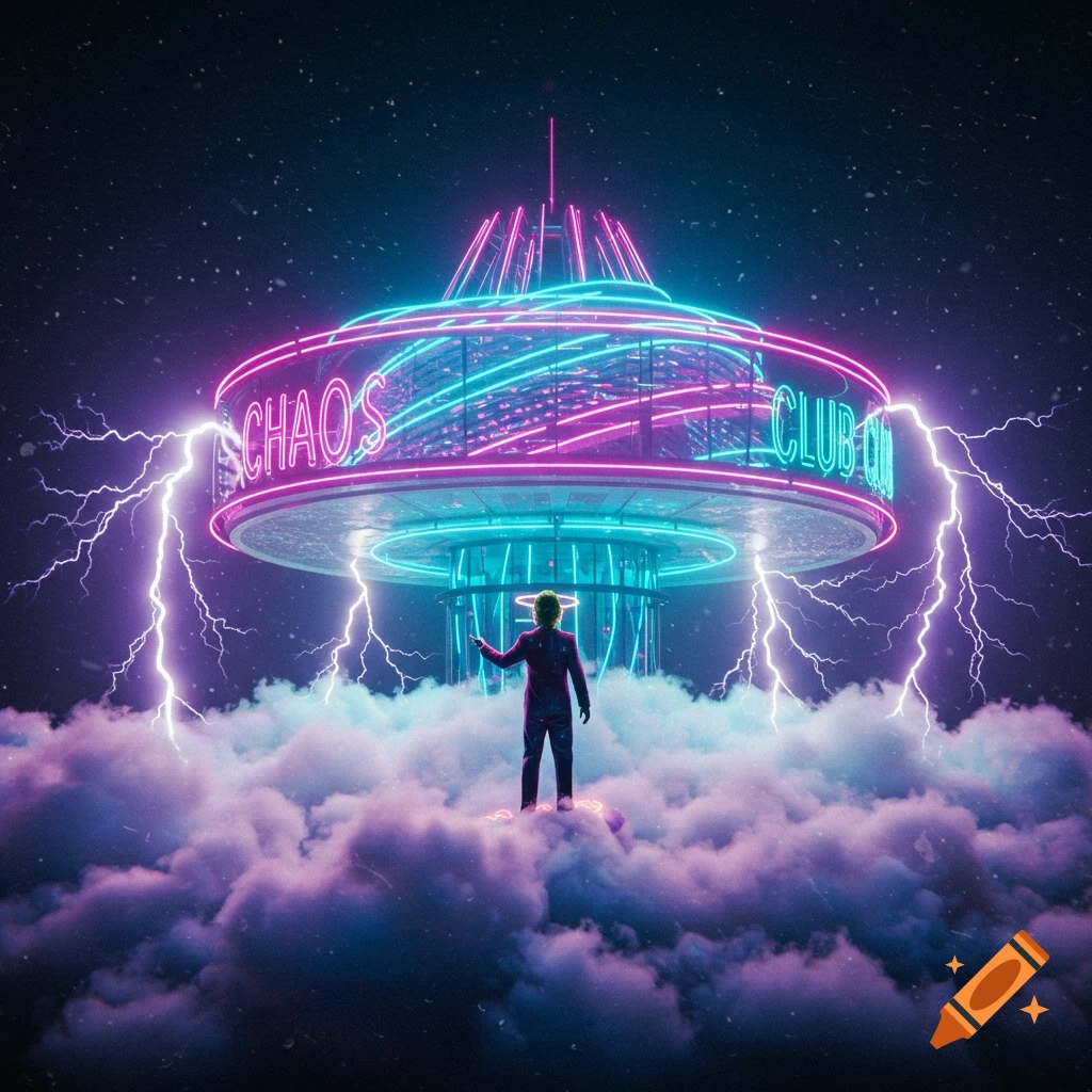 A person stands on purple clouds looking up at a neon-lit "CHAOS CLUB Q" structure under a starry sky with purple lightning.