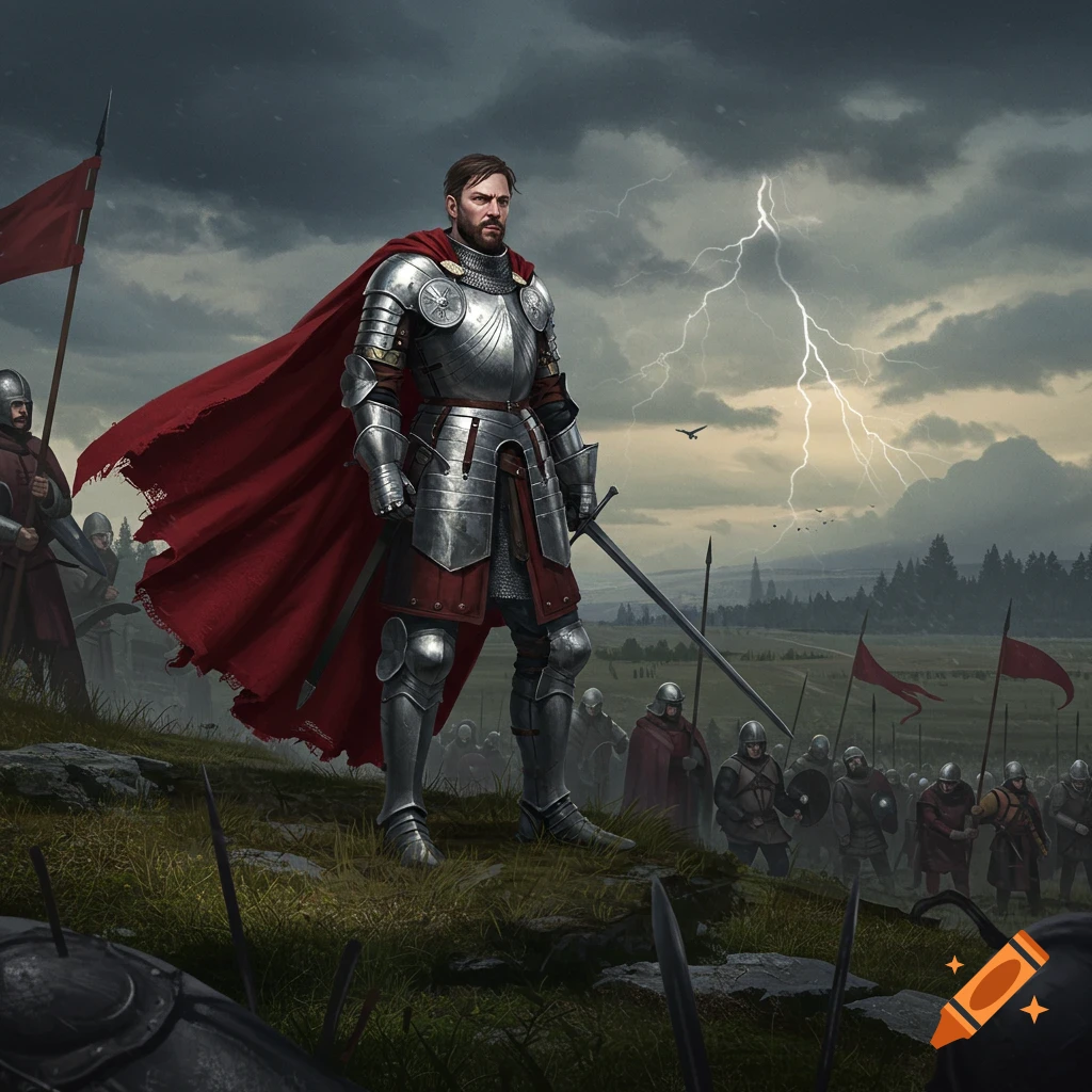 A medieval commander in shining armor and a red cape stands on a hill, overlooking his army on a stormy battlefield with lightning.