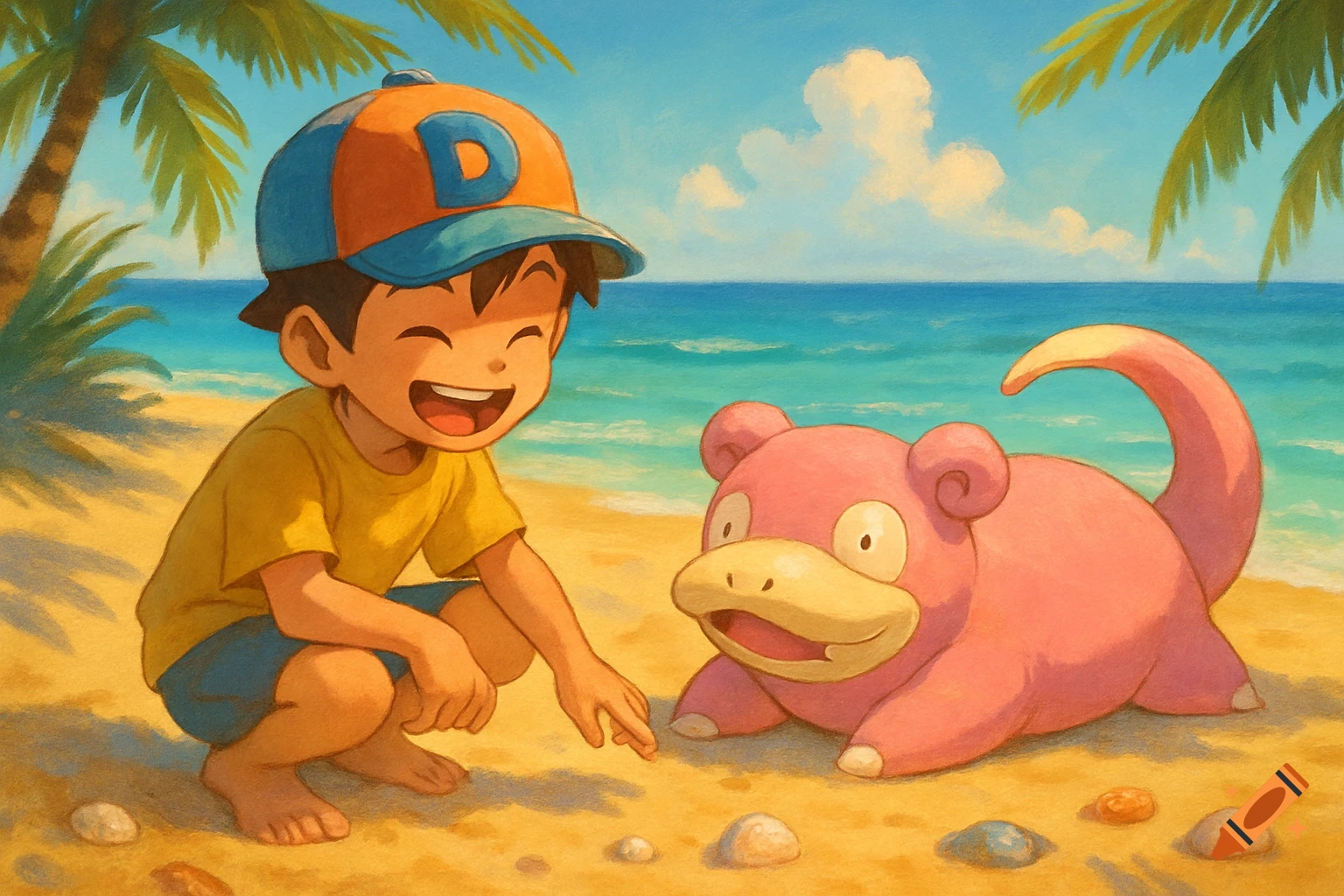 A happy boy in a hat with a blue 'D' and a pink Slowpoke on a sandy beach with palm trees, in an illustration style.