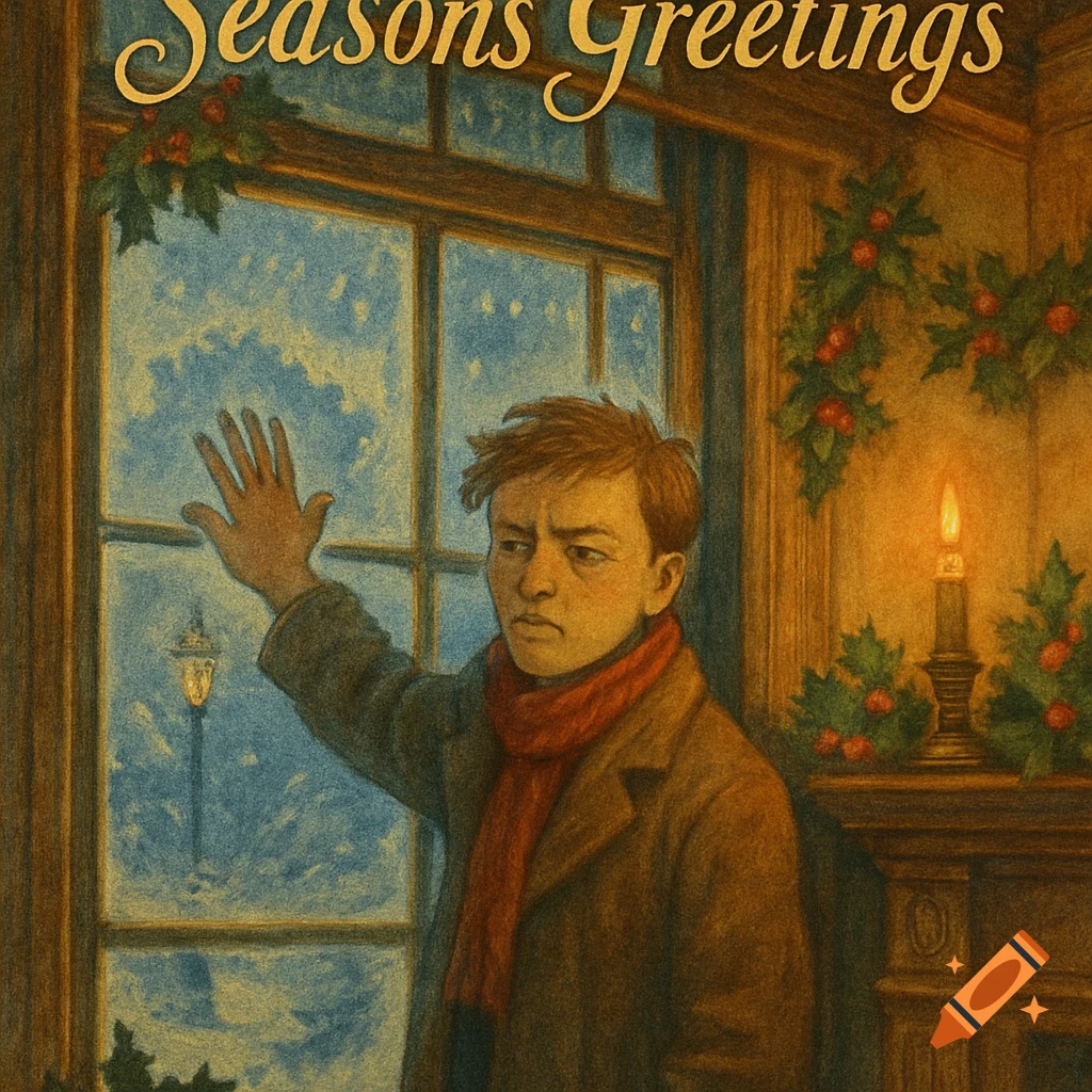 A boy in a red scarf looks out a frosty window, hand pressed to the glass, with 'Seasons Greetings' above in a classic illustration style.