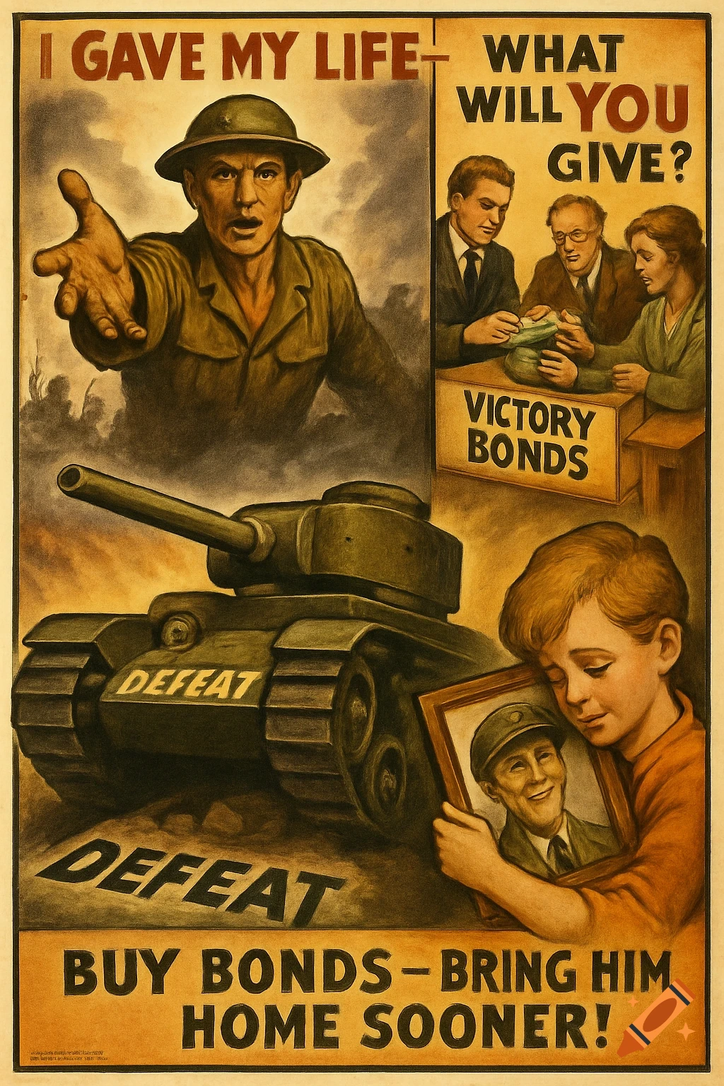 A vintage World War era propaganda poster urging citizens to buy war bonds. It features a soldier reaching out, civilians with 'Victory Bonds' box, a tank labeled 'DEFEAT' rolling over 'DEFEAT', and a child hugging a soldier's photo.