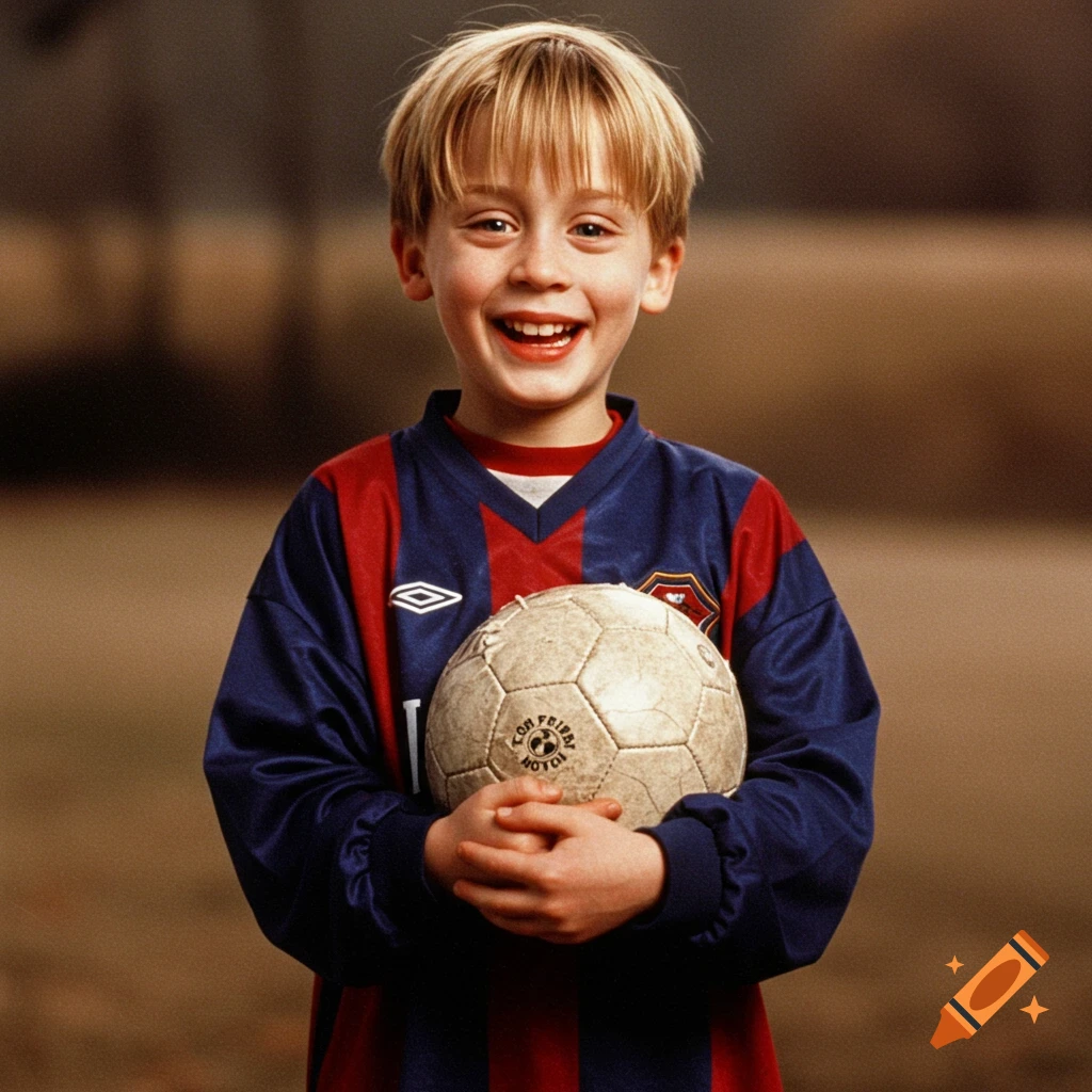 A smiling young boy with blonde hair in a blue and red soccer jersey holds a worn soccer ball.