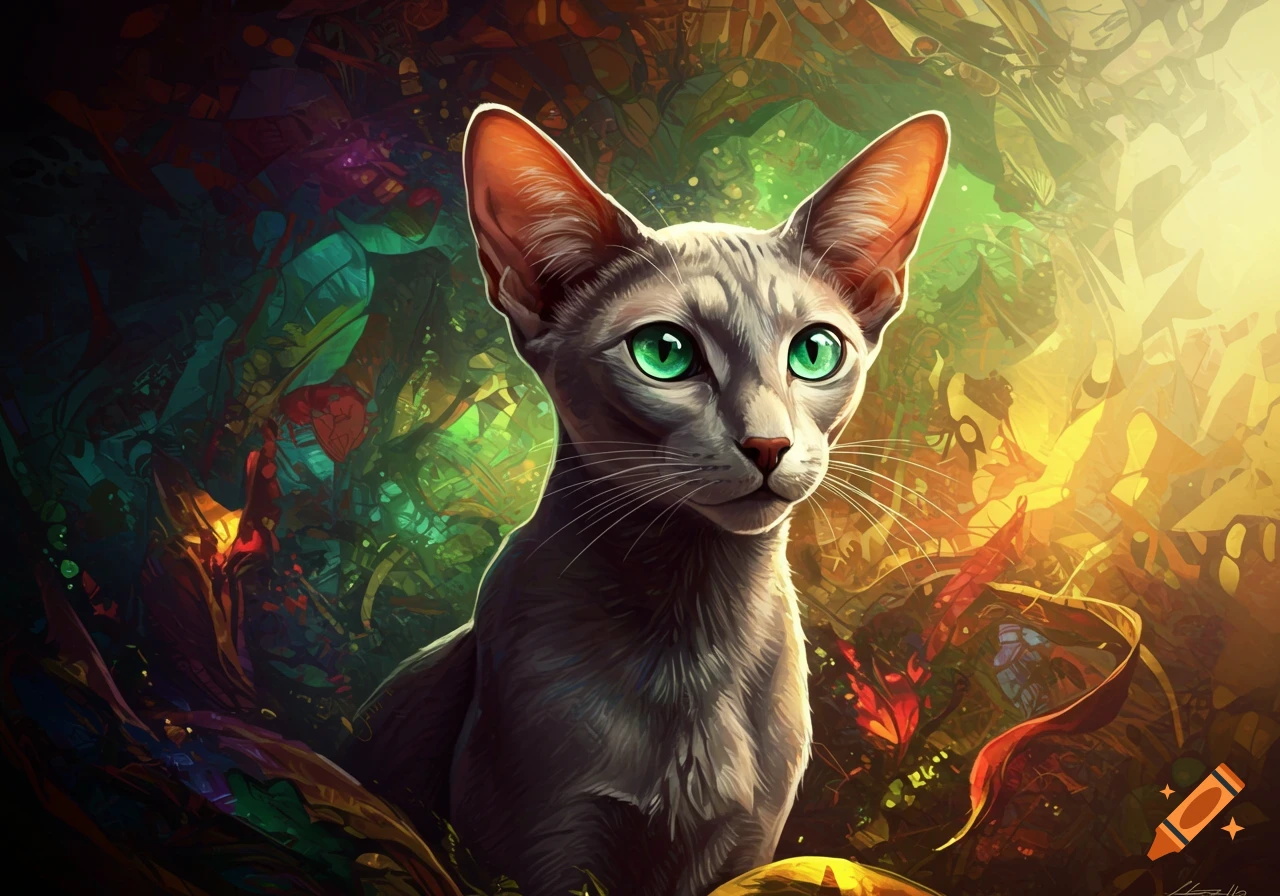 A light grey cat with large ears and bright green eyes sits against a vibrant, abstract background of green, yellow, and red foliage.