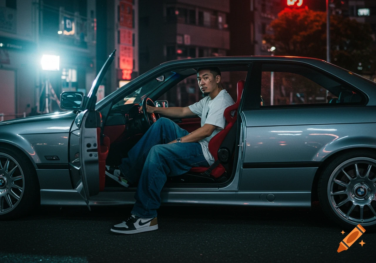 A man in a white t-shirt and baggy jeans sits in a silver BMW car with the door open, illuminated by a bright flash at night in a city street.
