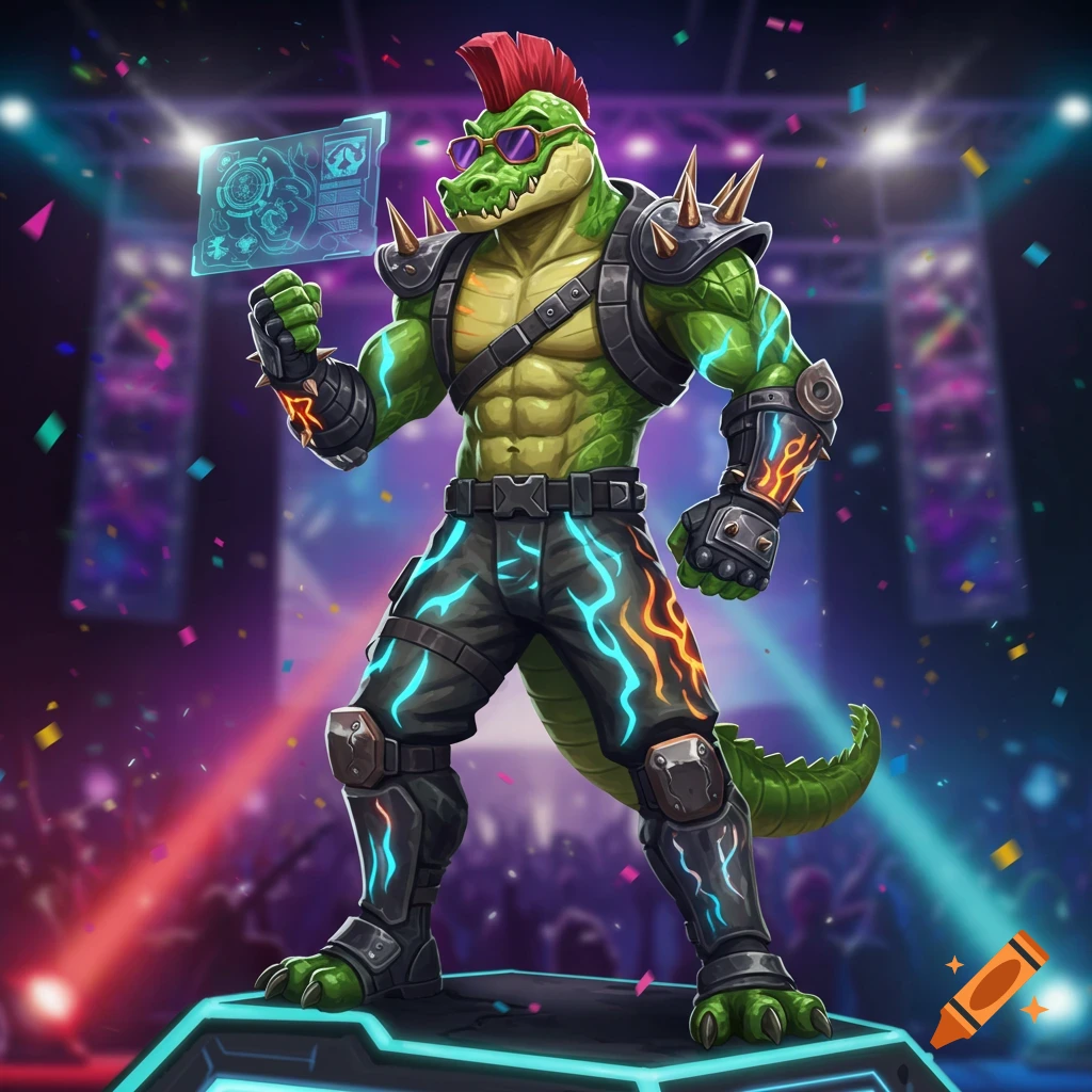 A muscular anthropomorphic green alligator with a red mohawk and sunglasses, dressed as a Fortnite character, stands on a stage with glowing screens and confetti.