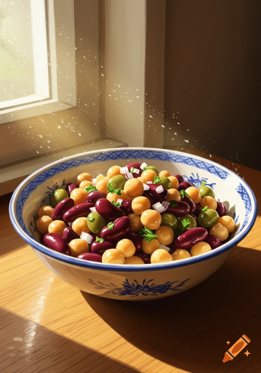A colorful bean salad with chickpeas, olives, and red beans in a patterned bowl on a wooden table by a sunny window.