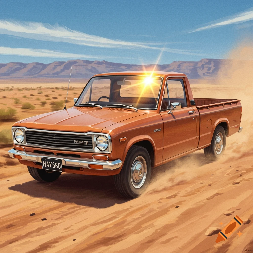 An orange vintage Mazda pickup truck drives through a dusty desert landscape under a bright sun.
