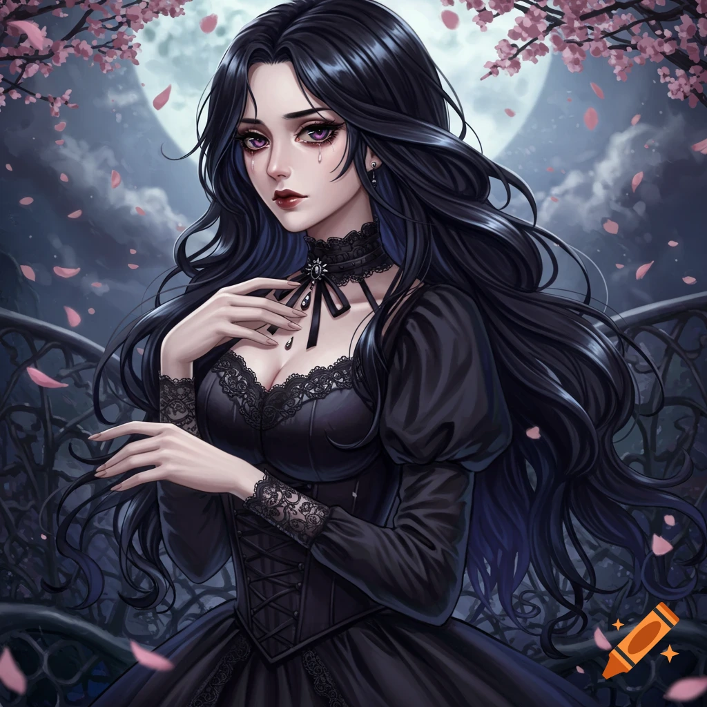 Anime illustration of a sad gothic woman with long black hair and a black lace dress, standing under a full moon with pink cherry blossoms.
