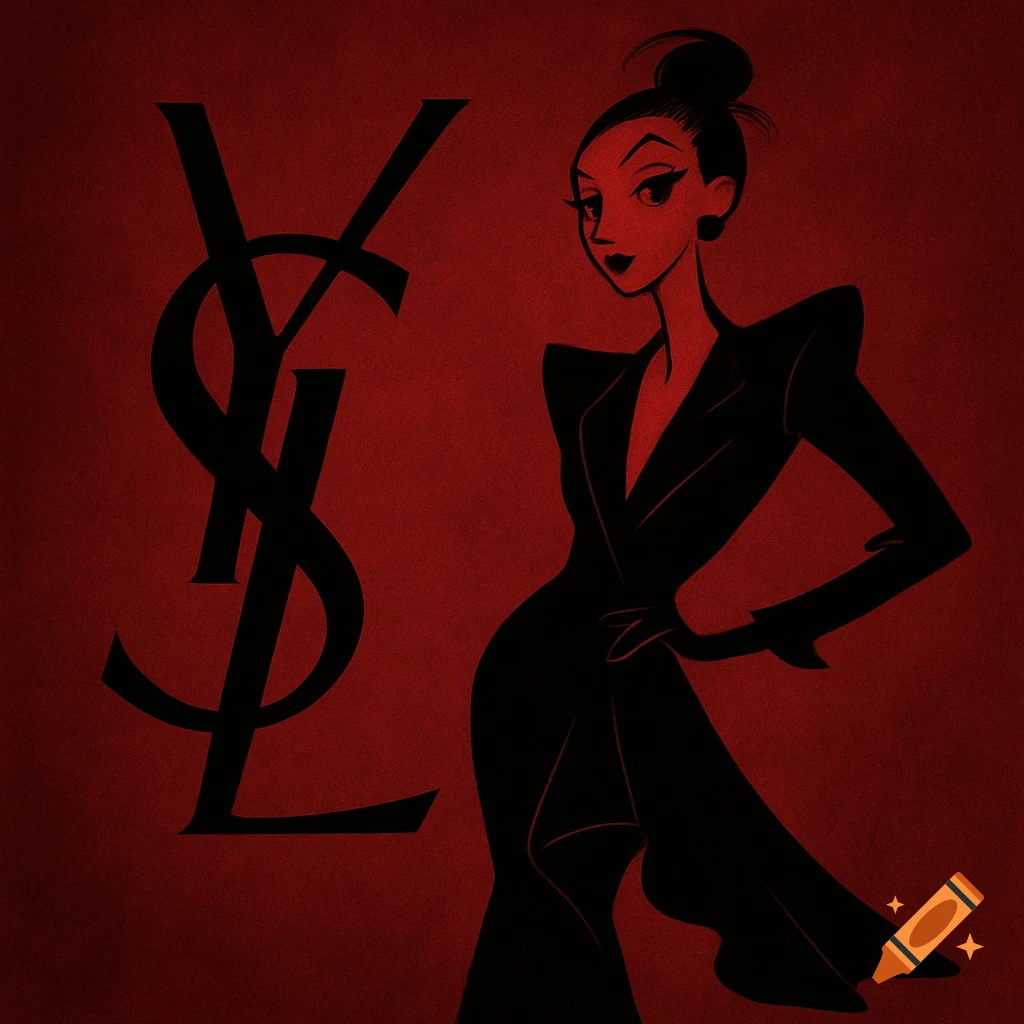 Stylized woman in a black suit with a bun next to a black YSL logo on a dark red textured background.