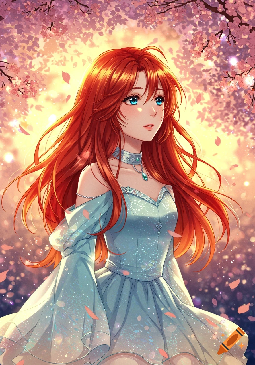 An anime girl with long red hair and blue eyes in a sparkly light blue dress stands among pink cherry blossoms with a bright, ethereal background.