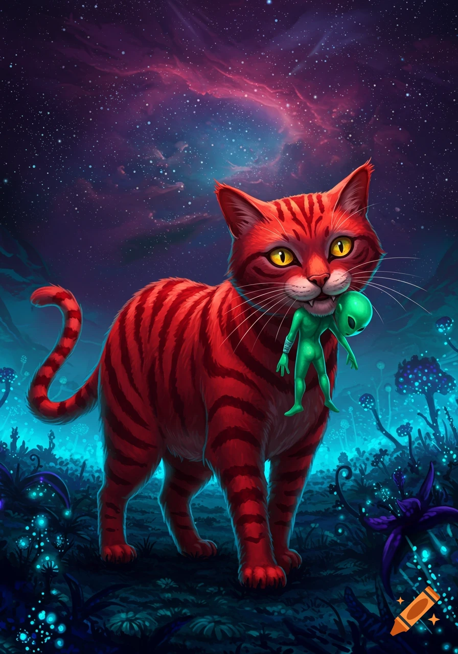 A red striped cat with glowing yellow eyes holds a small green alien in its mouth, in an alien landscape under a nebula sky.